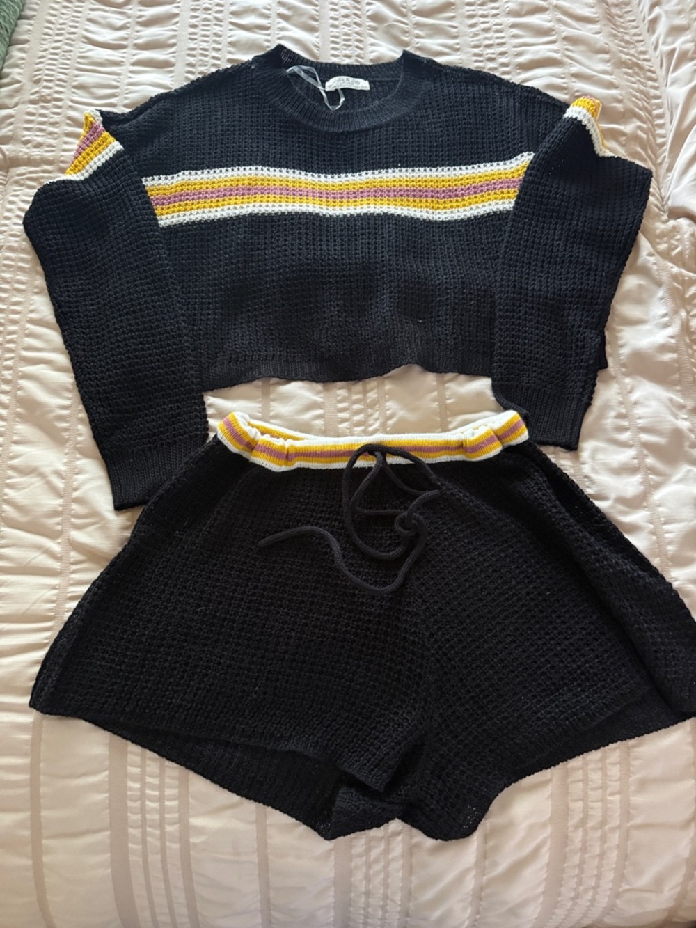 Women's Black Knit Shorts with Yellow Stripe Trim - Jolie & Joy